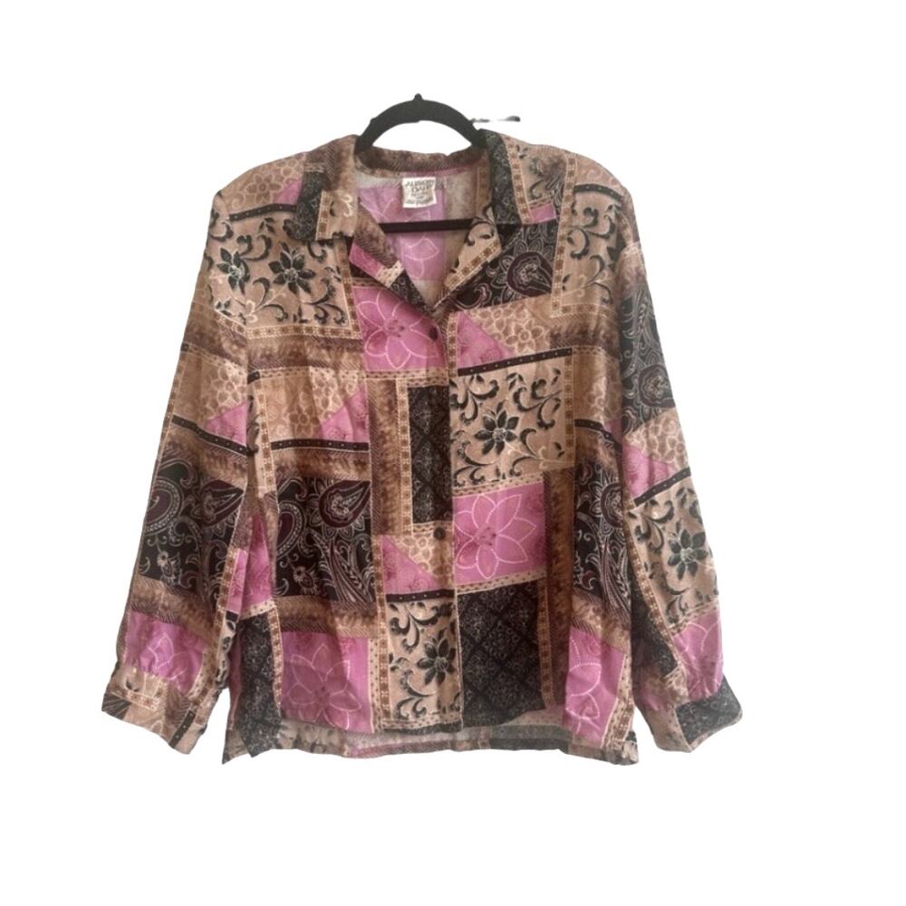 Allison Daley Brown, Purple, Black Patch Boho Print Button up Collar Top